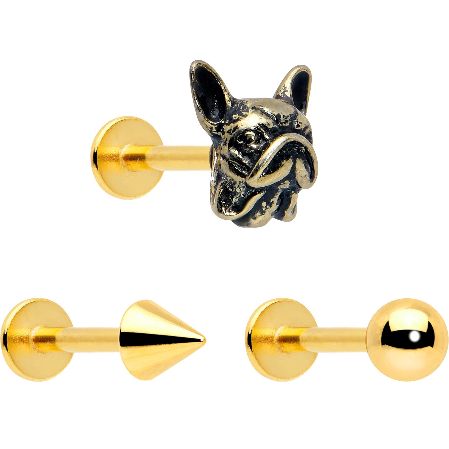 16G French Bulldog Flat Back Earring Set Internally Threaded 3 Pack