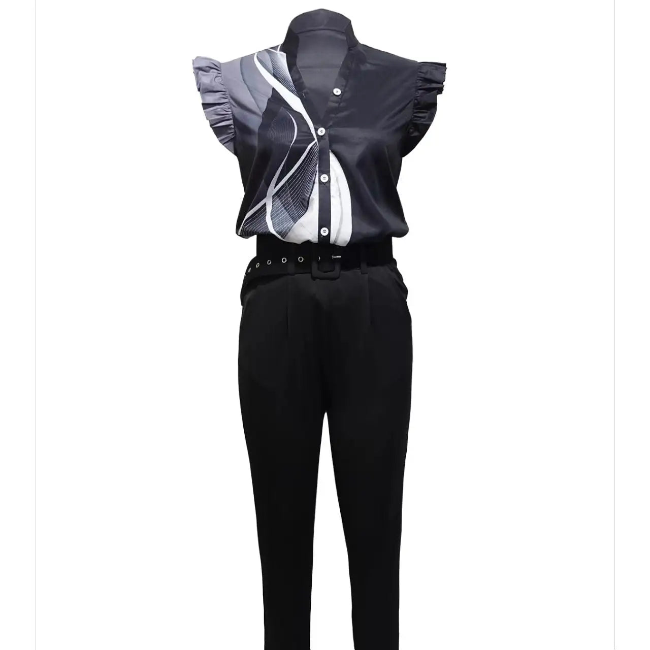 Ladies' V-neck Button Up Petal Sleeve Printed Off Shoulder Shirt Set