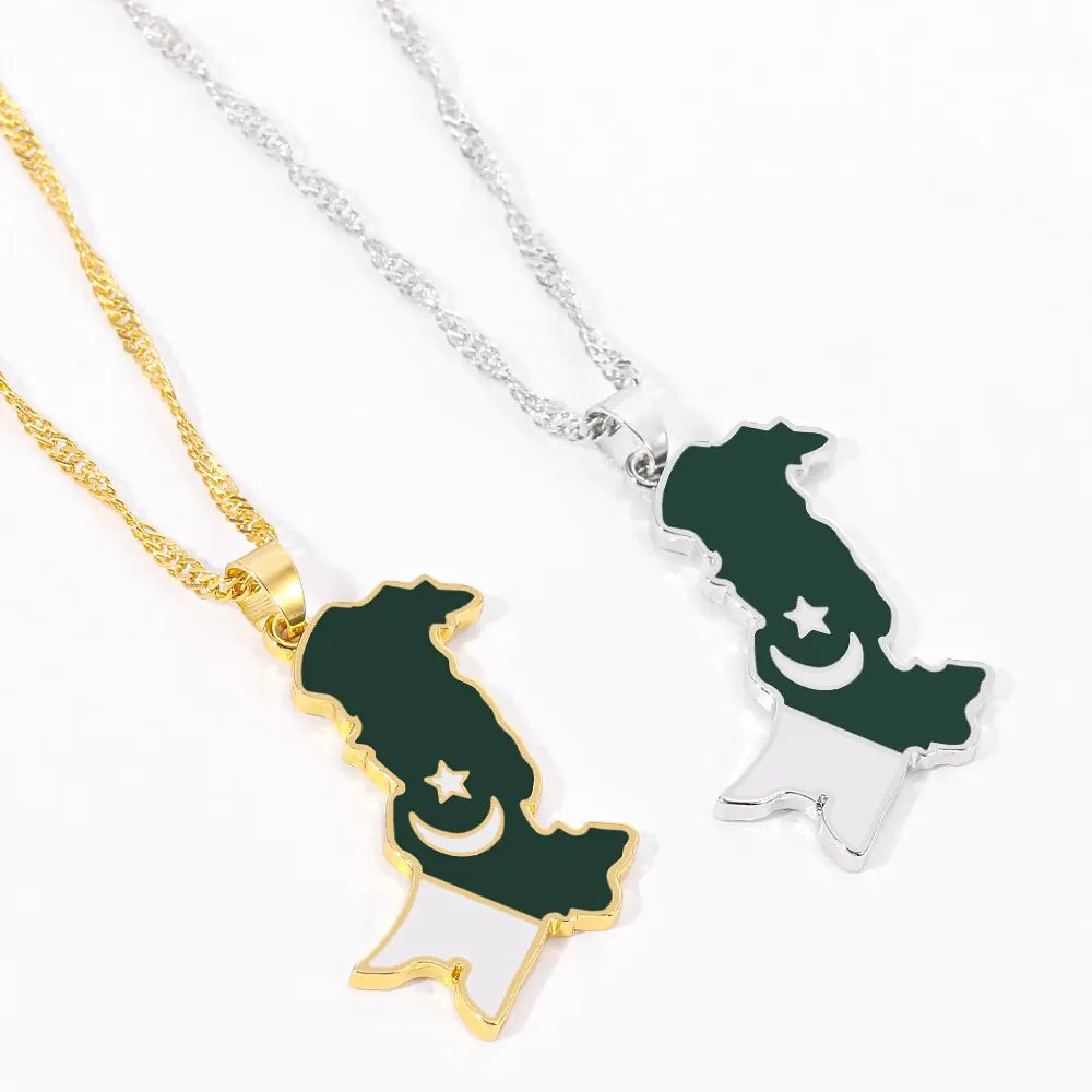 Pakistan Map and Flag Pendant Necklaces