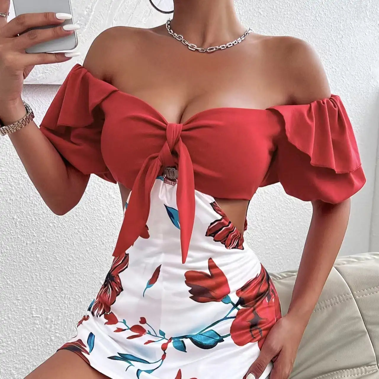 Ladies' Fashionable Casual Floral Print Off Shoulder Knot Decoration Hollow Jumpsuit