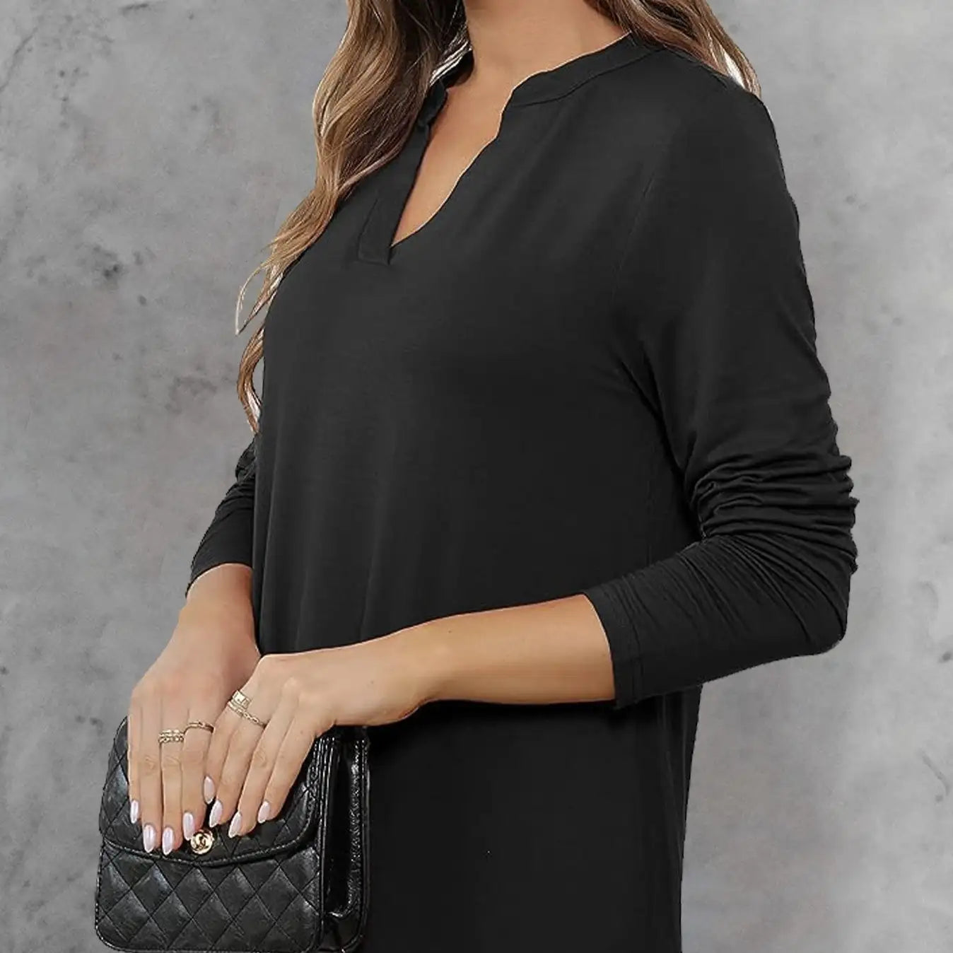 Women's Solid Color Waistband Top With Rolled Sleeves, V-neck Shirt, Long Sleeved Shirt, T-shirt
