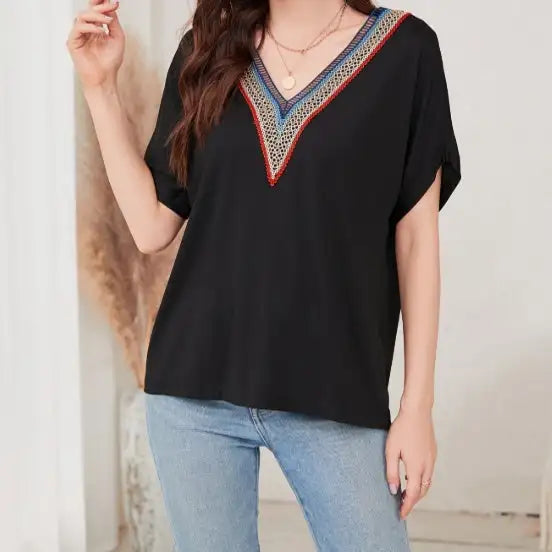 Women's Loose Fit Short Sleeved Breathable Casual Lace V-neck Shirt Top