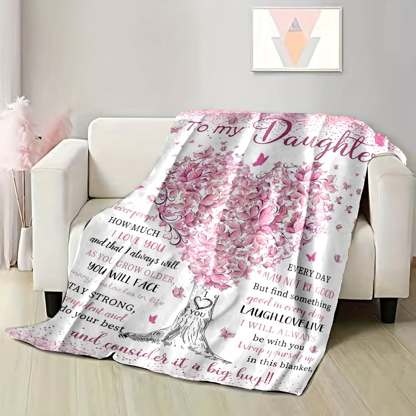 1pc To My Daughter Blanket Love Letter Fleece Blanket, Multi-functional Comfort Throw With Digital Tree Print, Collegiate Style, Special Gift For Daughter