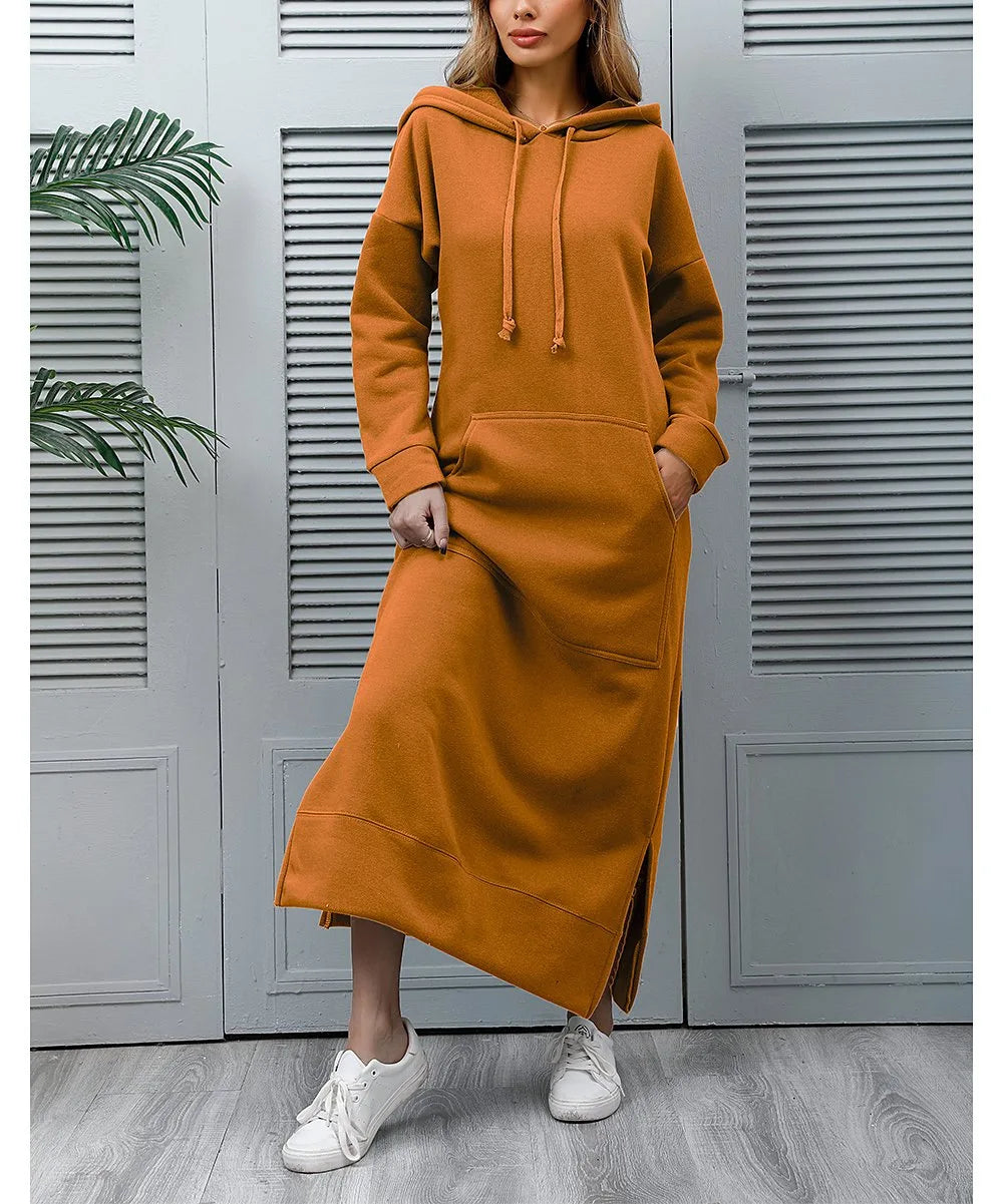 Women’s Hoodie Dress Winter Warm Lace-Up Hem Long Sweatshirt Casual Loose Midi Robe