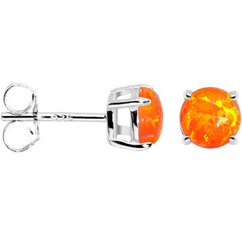 6mm Orange Round Sterling Silver Synthetic Opal Stud Earrings