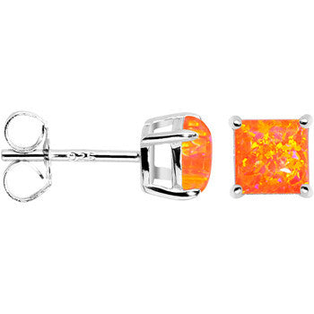 6mm Orange Square Sterling Silver Synthetic Opal Stud Earrings