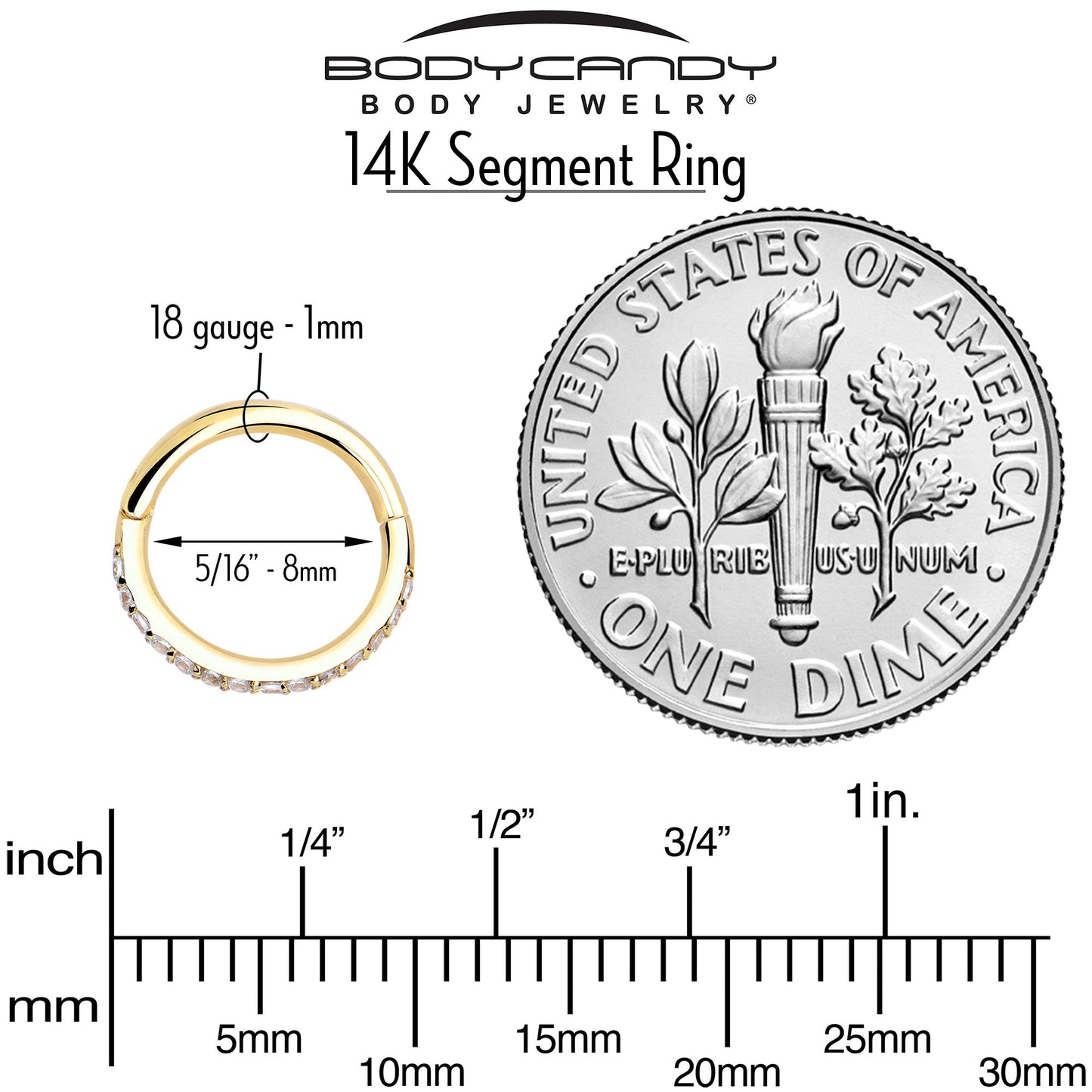 14k Solid Yellow Gold Hinged Segment Ring Forward Facing CZ 18G 5/16