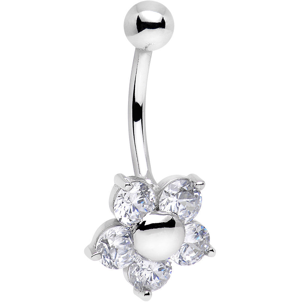 16G Solid 14k White Gold Cubic Zirconia Five Petal Flower Belly Ring