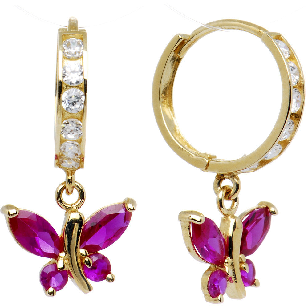 14k Yellow Gold Fuchsia CZ Butterfly Huggy Earrings