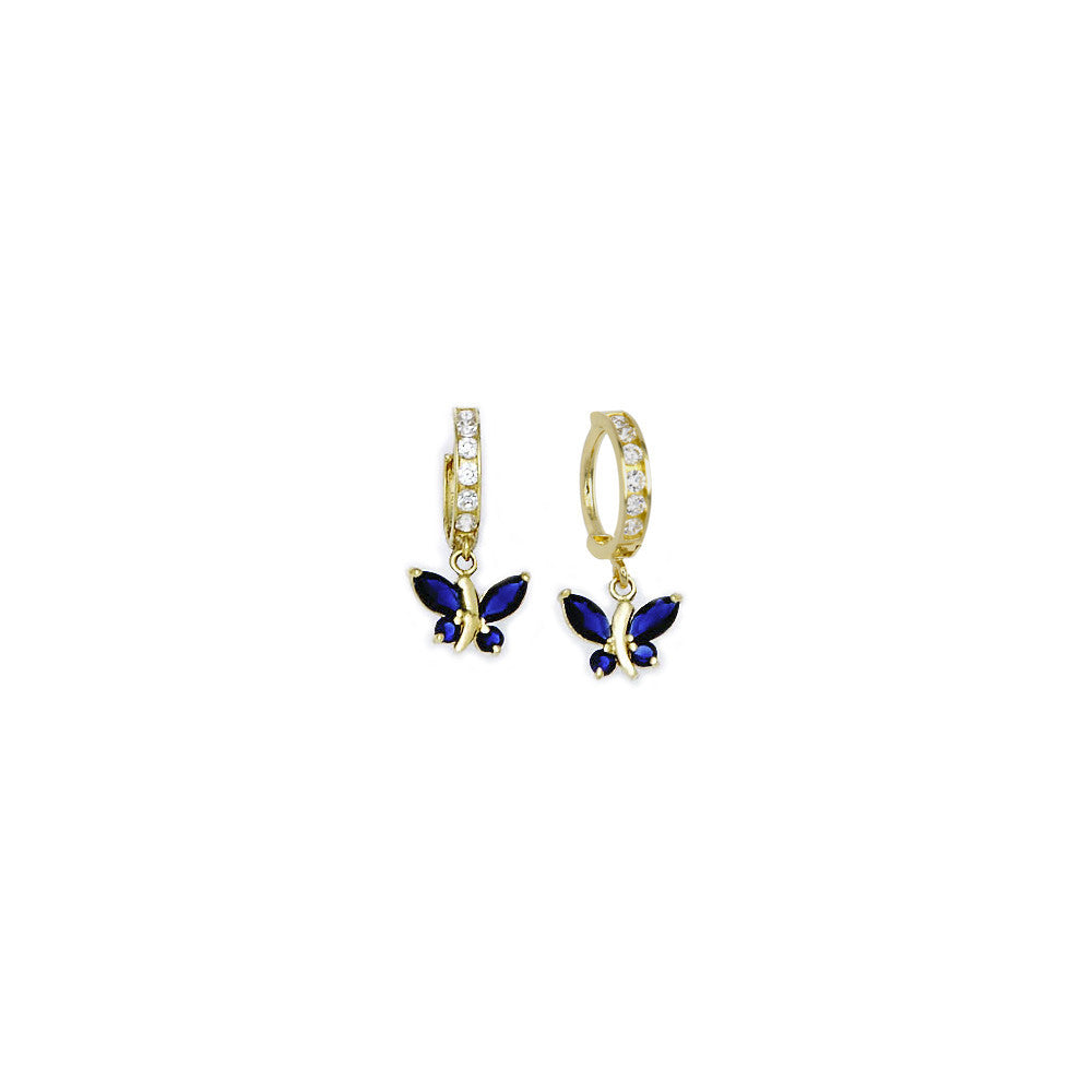 14k Yellow Gold Sapphire Blue CZ Butterfly Huggy Earrings