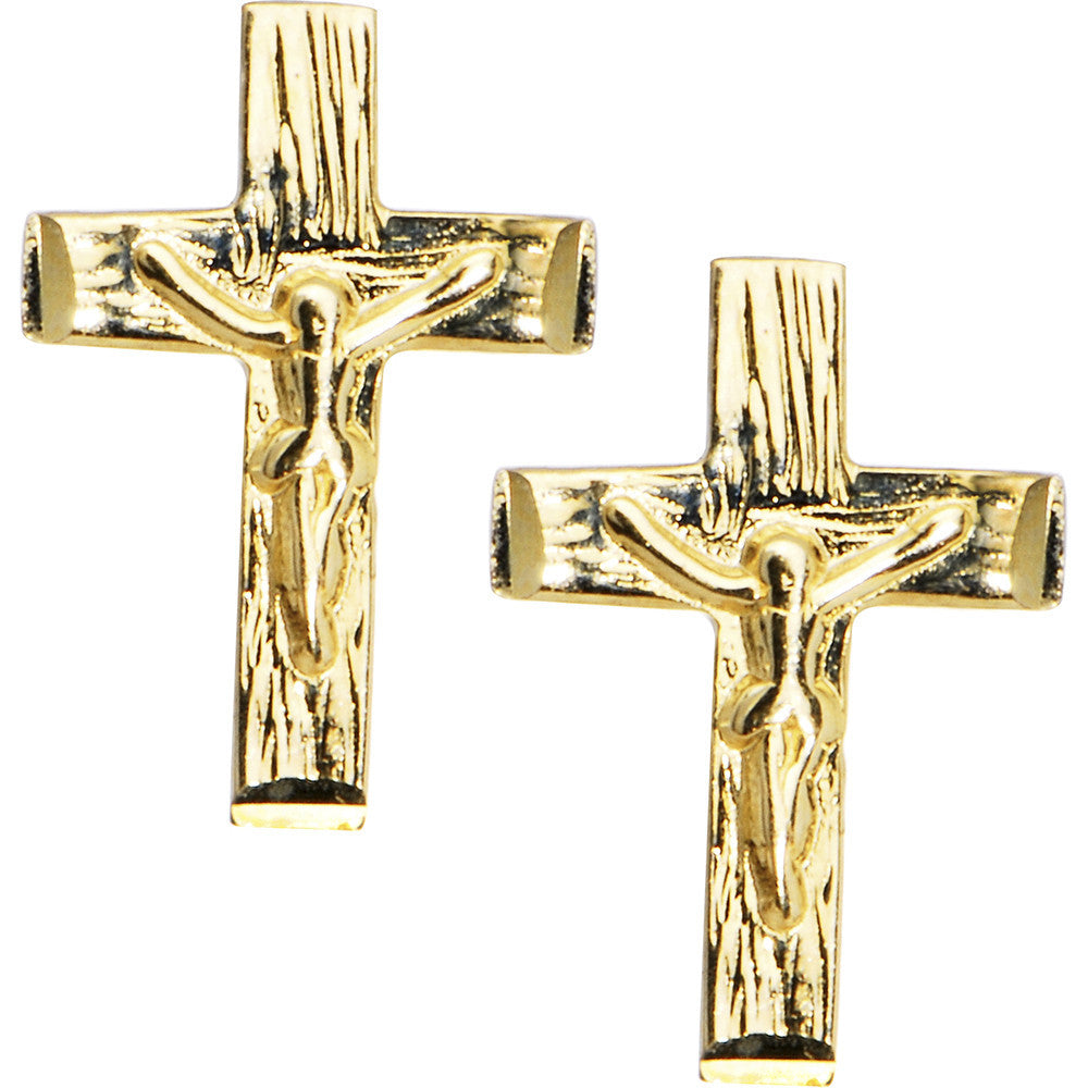 14k Yellow Gold Religious Cross Stud Earrings