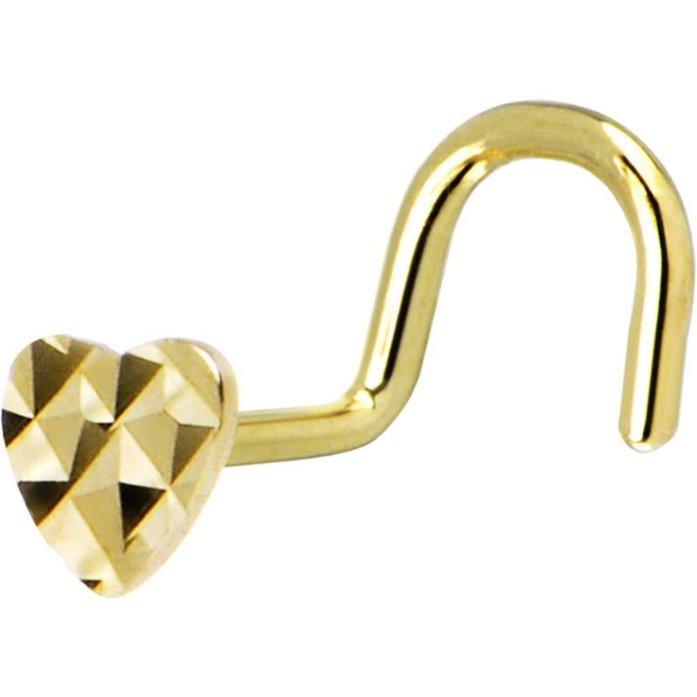 Solid 14K Yellow Gold Flat Textured Heart Nose Screw Ring