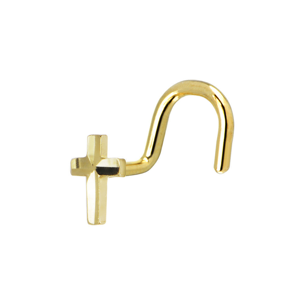 Solid 14K Yellow Gold Raised Cross Nose Screw Ring