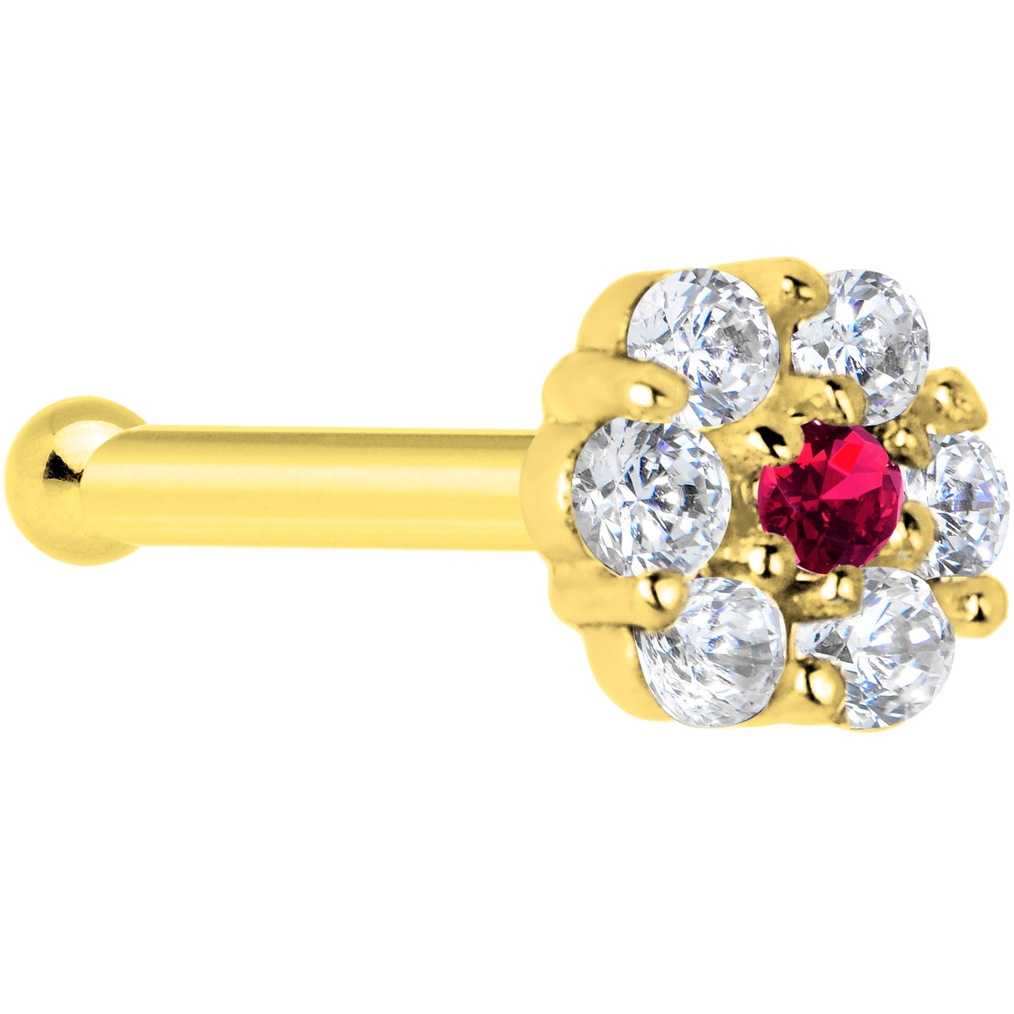 Solid 14K Yellow Gold Clear Red CZ Flower Nose Bone