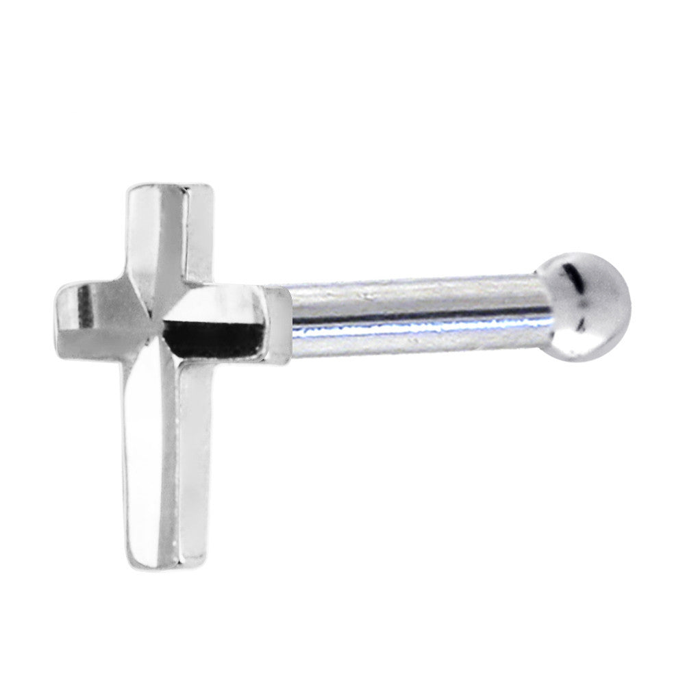 Solid 14K White Gold Raised Cross Nose Bone