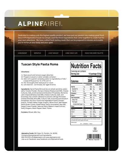 AlpineAire Tuscan Style Pasta Roma | Vegetarian Cook-in-Pouch Meal