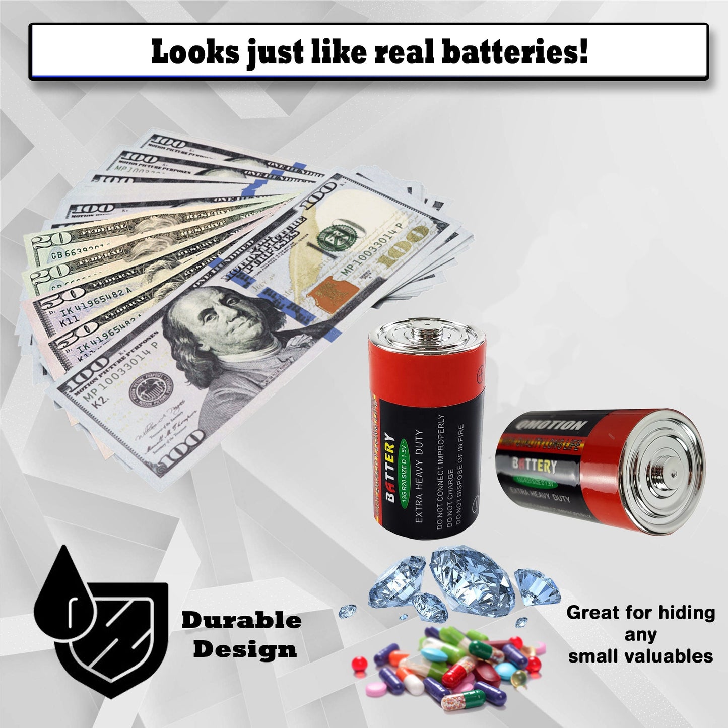 Fake D battery Diversion Safe (2 pack) - Discreet Fake Batteries With Secret Compartments to Hide Valuables