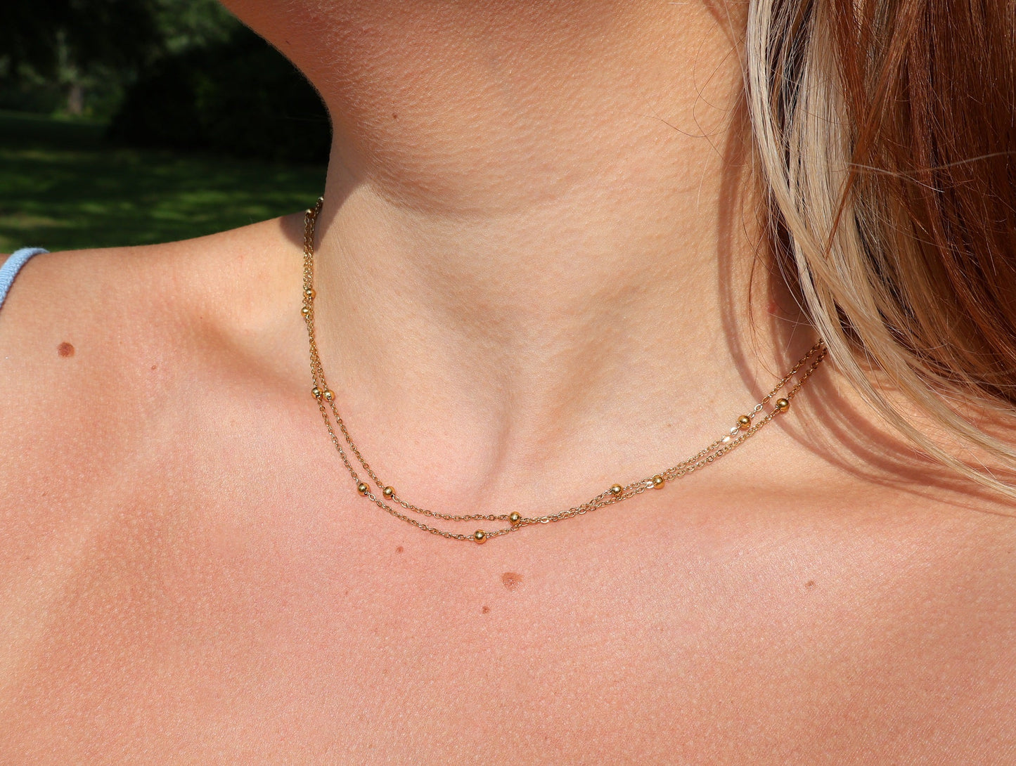 Stainless Steel Gold Tone PVD Ball Station Necklace Satellite Chain Double Necklace