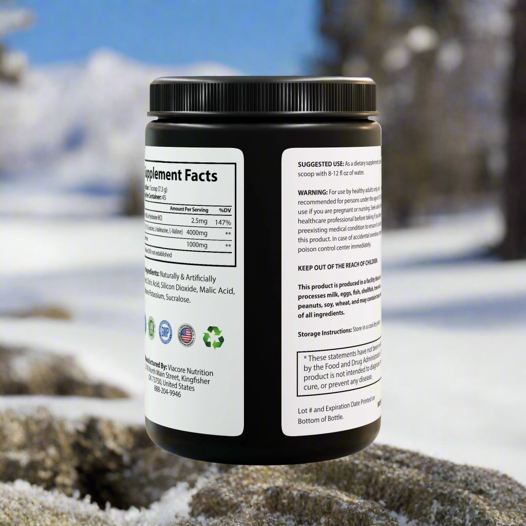 Black supplement container with white label on a white background