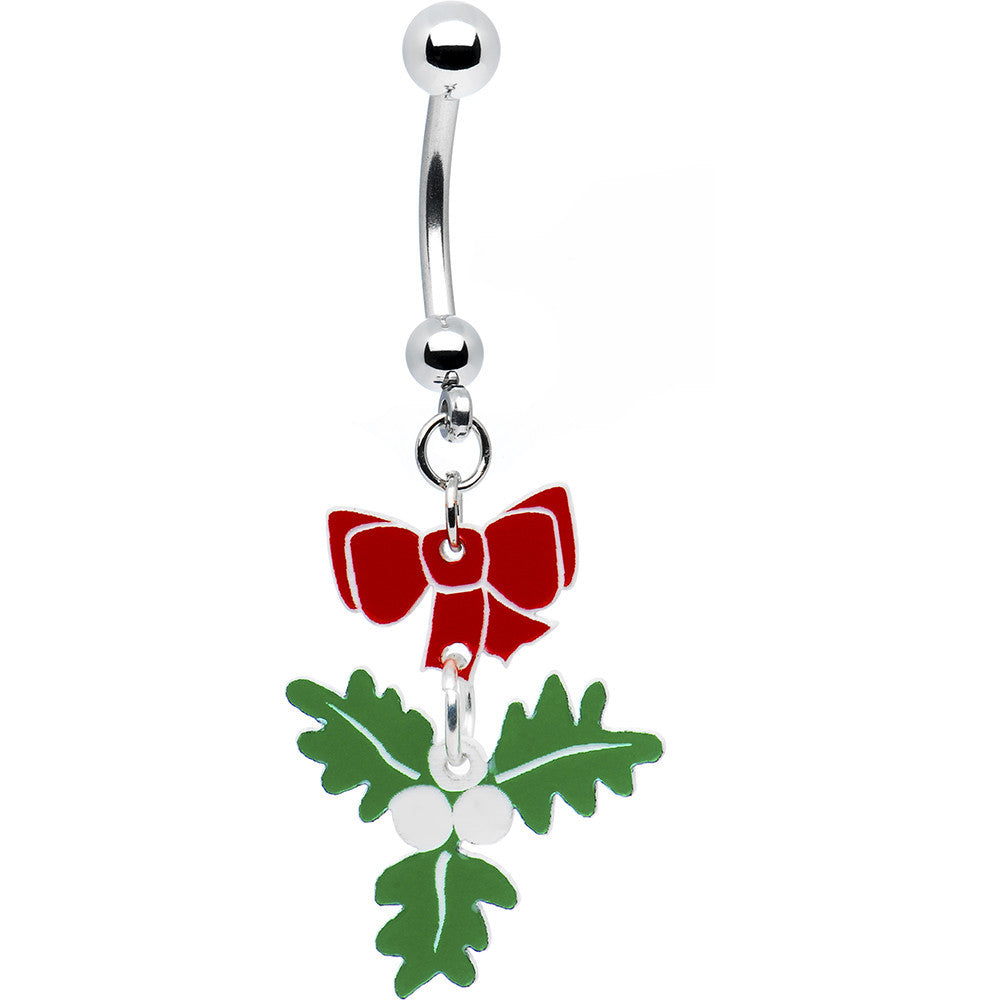Red Bow Dangle Mistletoe Belly Ring
