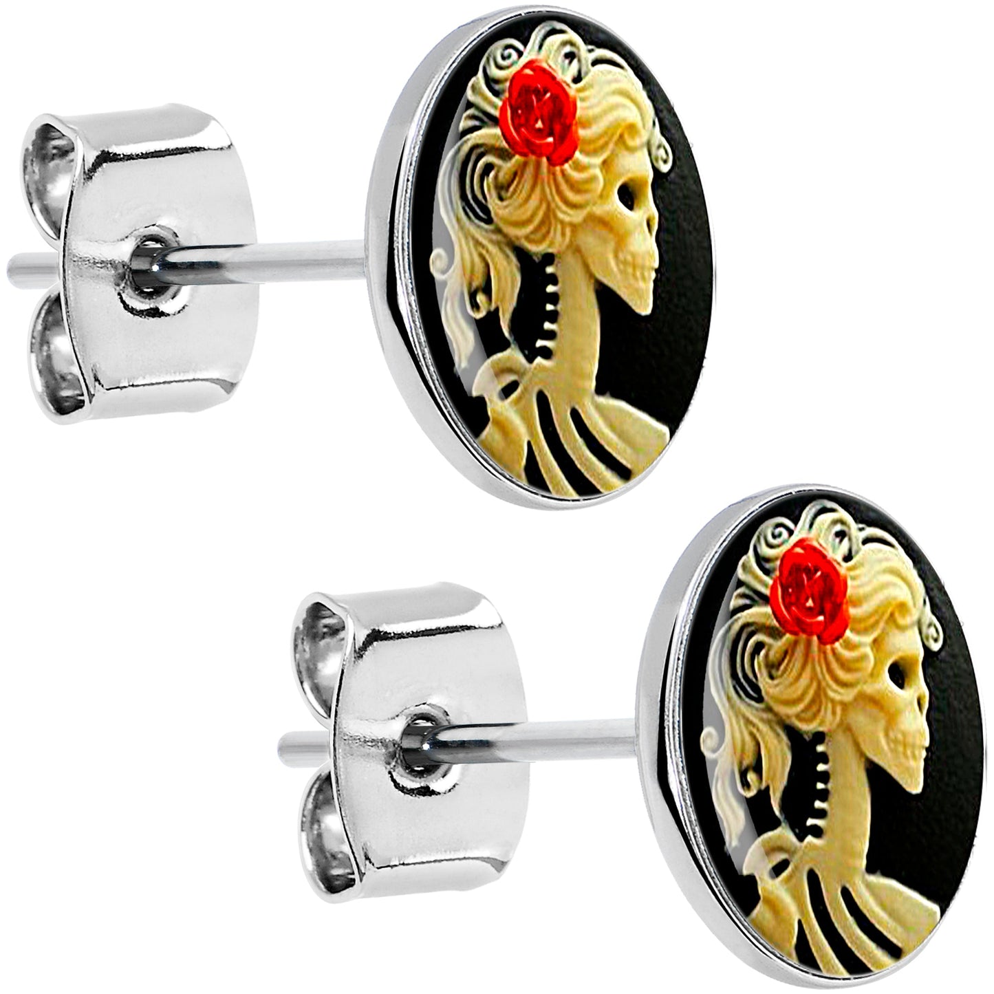 Red Rose Flower Skeleton Cameo Stud Earrings