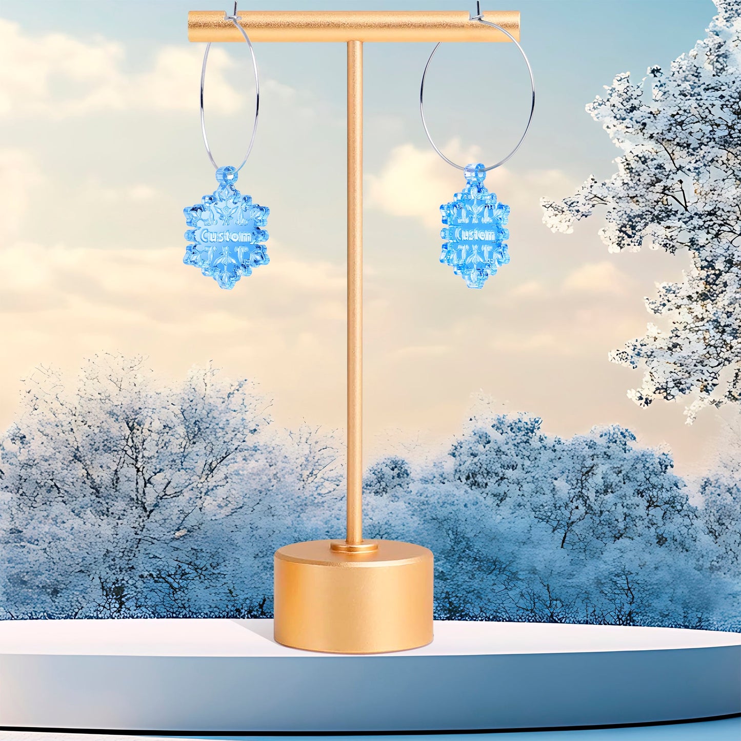 Custom Blue Winter Snowflake Personalized Hoop Earrings