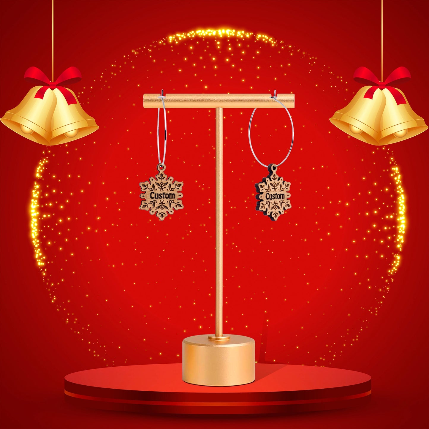 Custom Natural Wood Snowflake Personalized Hoop Earrings