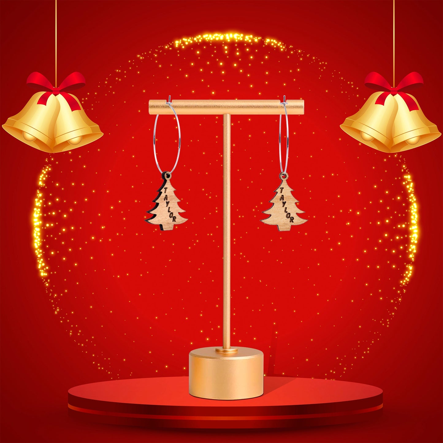 Custom Natural Wood Christmas Tree Personalized Hoop Earrings