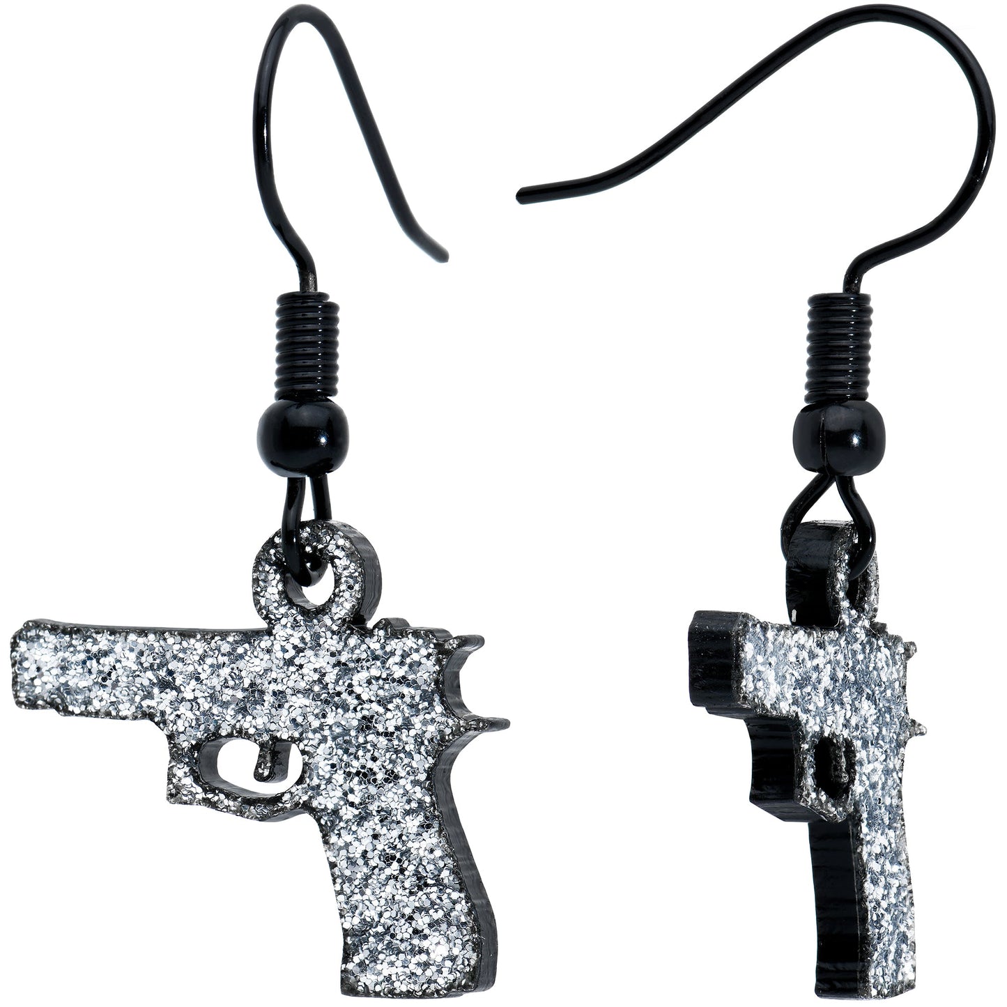 Silver Glitter Gun Fishhook Dangle Earrings