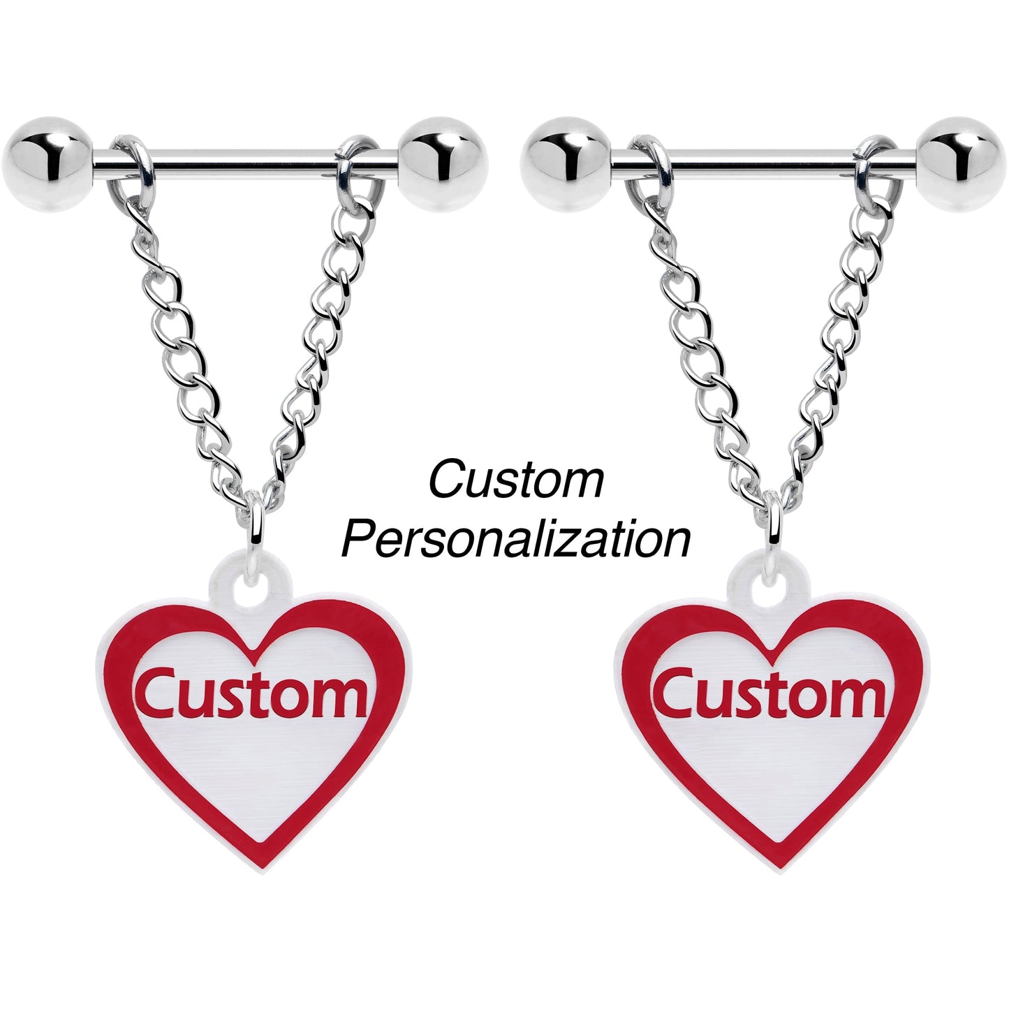 Custom Red White Heart Chain Personalized Name Dangle Nipple Ring Set