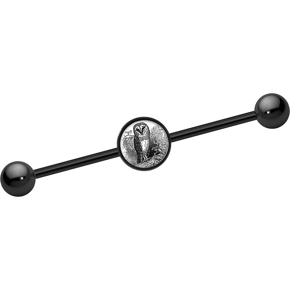 14G Black Anodized Monochrome Owl Industrial Barbell 37mm