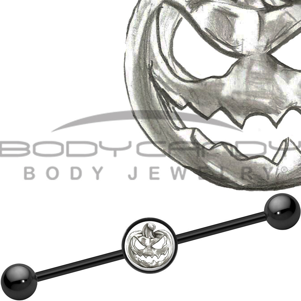 14G Black Anodized Scary Jack O Lantern Industrial Barbell 37mm
