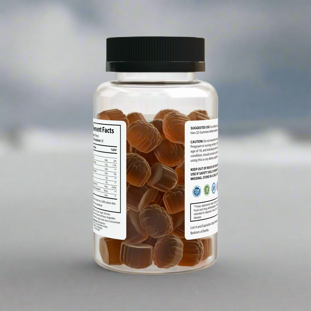 Clear bottle filled with brown gummy bears on a white background