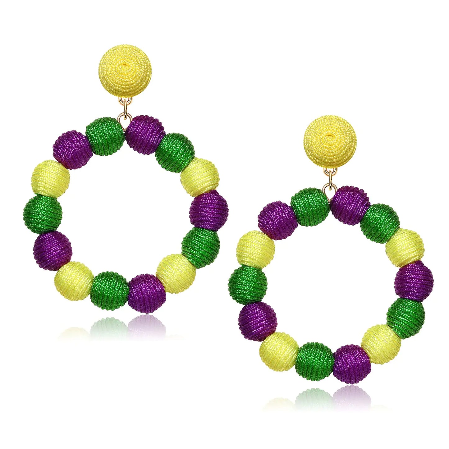 Mardi Gras Earrings Rattan Earrings Rattan Ball Hoop Dangle Earrings for Women Handmade Bohemia Earrings Braid Straw Wicker Raffia Earrings Summer Beach Accessory Gifts (Mardi Gras Color)