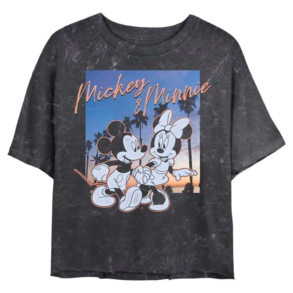 Disney Sunset Palm Trees Mickey and Minnie Mineral Wash Juniors Crop Top Shirt