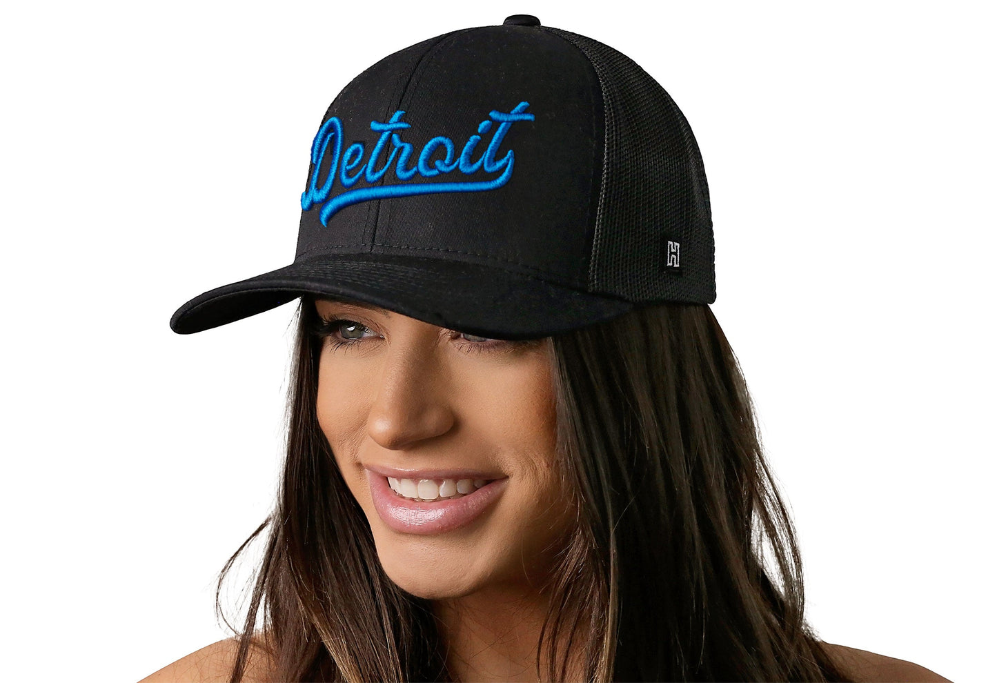 Detroit Blue Script Trucker Hat | Black Michigan Snapback