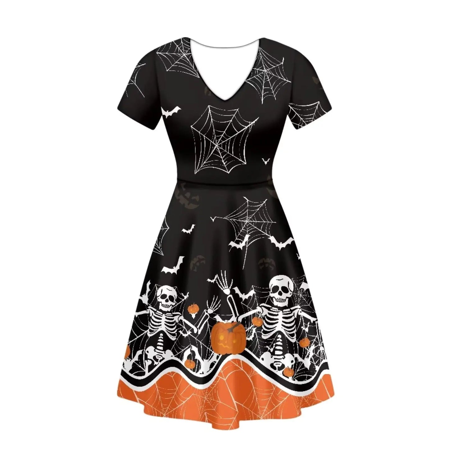 Xpyiqun Halloween Outfits Dresses Women Short Sleeve Tunic Dress Skull Skeleton Knee Length Dresses Flowy Swing Party Dance Dresses Summer Casual Sundress Cover Up Dresses for Ladies L