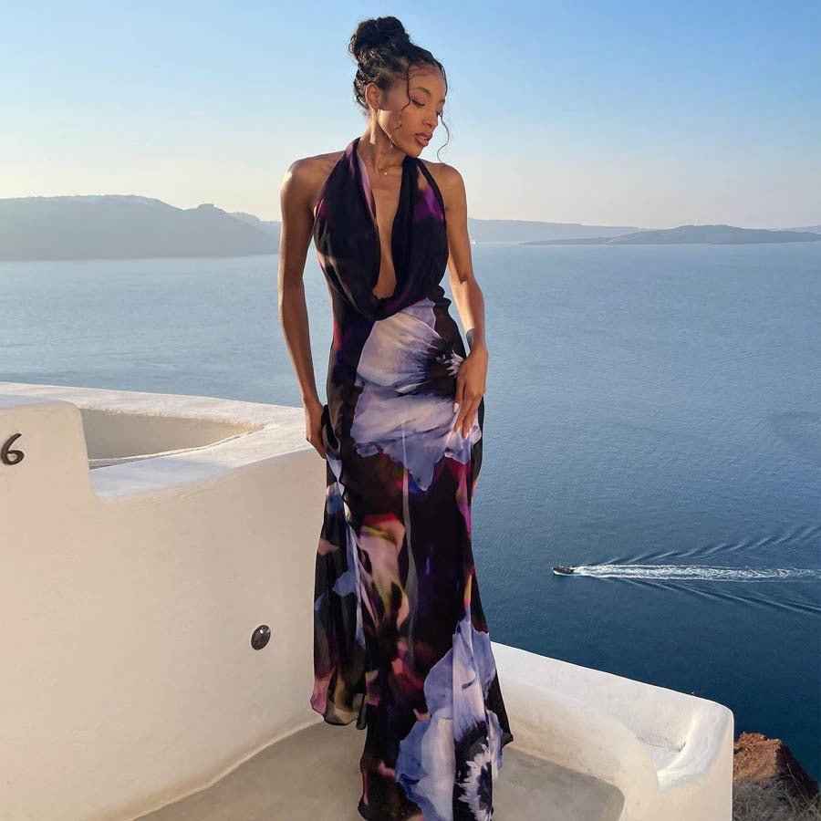 European Women's Sexy Backless : Printed Dress