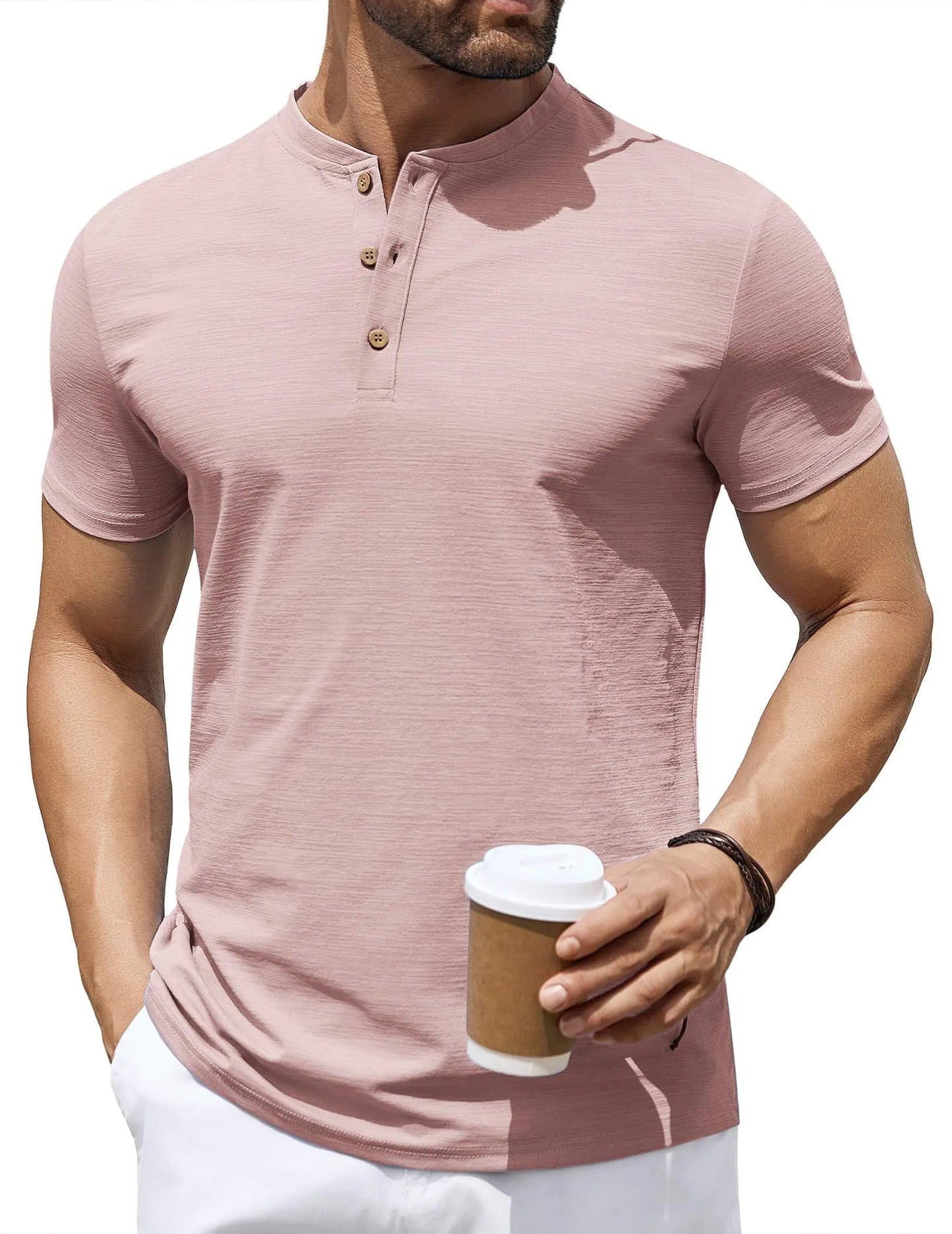COOFANDY Mens Stretch T Shirts Short Sleeve Casual Henley Shirts Novelty Button Down Shirts Pink