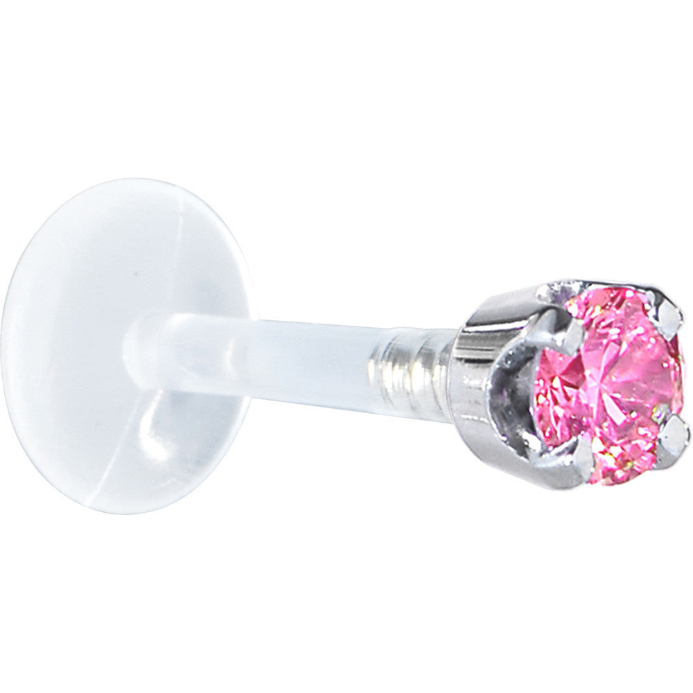 16G 5/16 Solid 14K White Gold 3mm Pink Cubic Zirconia Bioplast Tragus Earring Stud