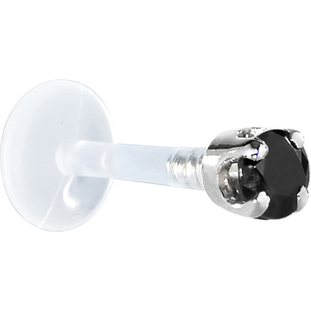 16G 5/16 Solid 14K White Gold 3mm Black Cubic Zirconia Bioplast Tragus Earring Stud