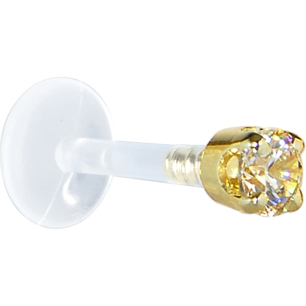 16G 5/16 Solid 14K Yellow Gold 3mm Champagne Cubic Zirconia Bioplast Tragus Earring Stud
