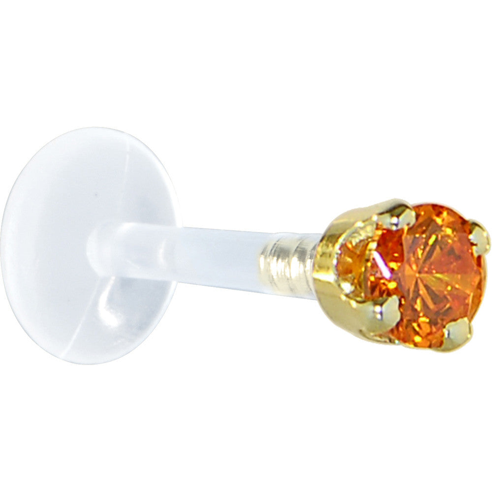 16G 5/16 Solid 14K Yellow Gold 3mm Orange Cubic Zirconia Bioplast Tragus Earring Stud