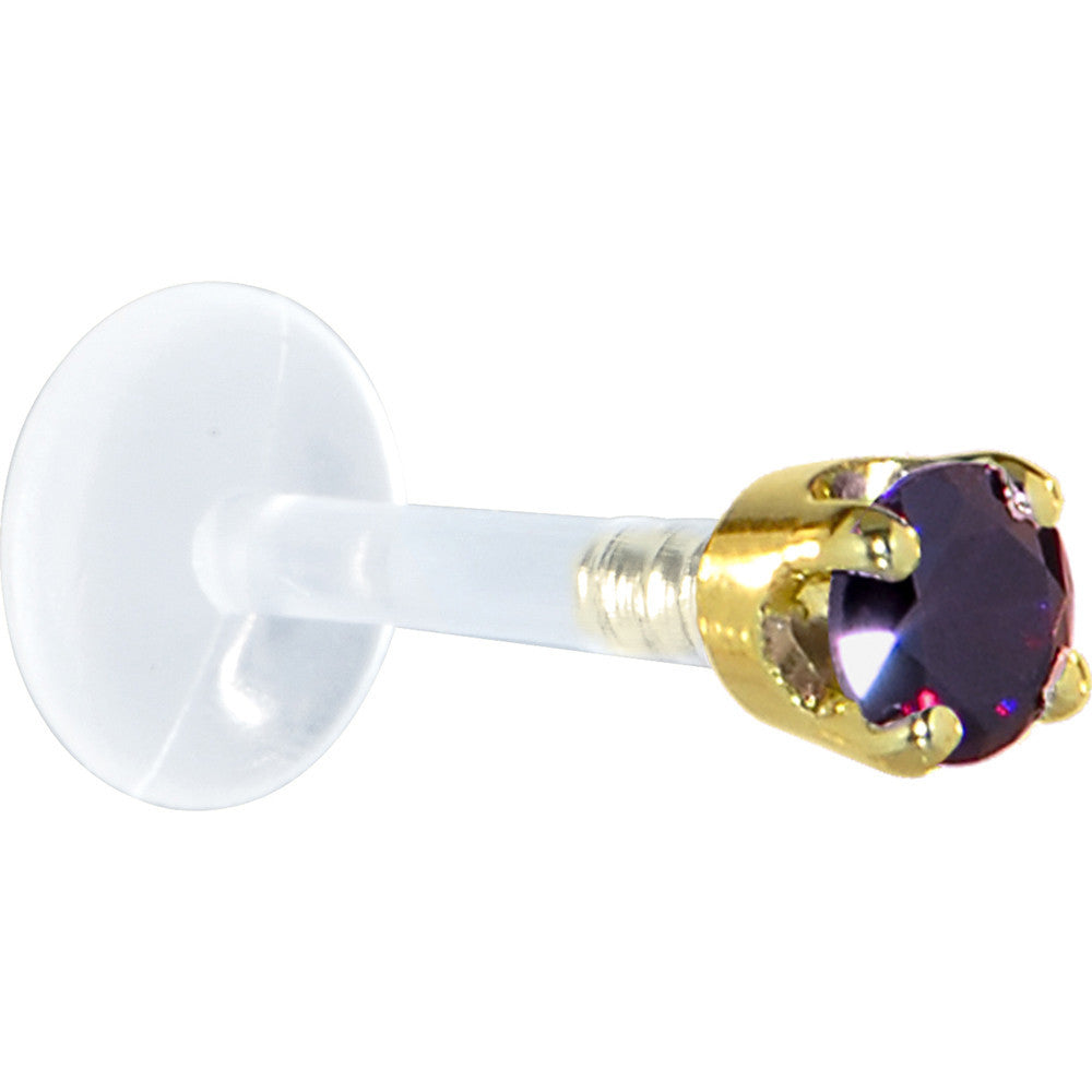 16G 5/16 Solid 14K Yellow Gold 3mm Amethyst Cubic Zirconia Bioplast Tragus Earring Stud
