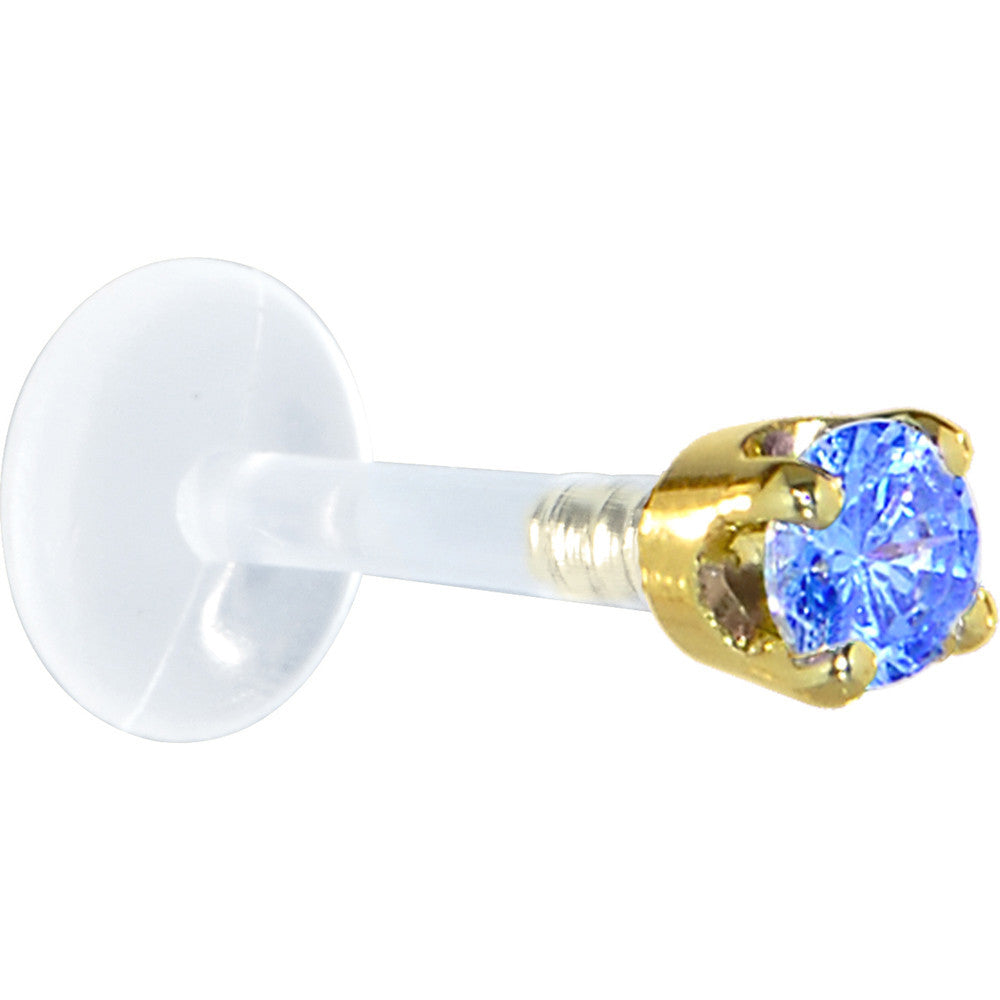 16G 5/16 Solid 14K Yellow Gold 3mm Arctic Blue Cubic Zirconia Bioplast Tragus Earring Stud