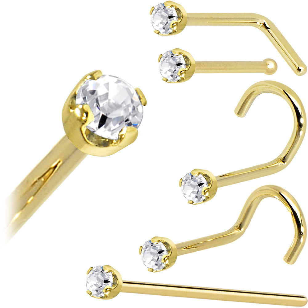 Solid 14K Yellow Gold 2mm Clear Cubic Zirconia Nose Ring