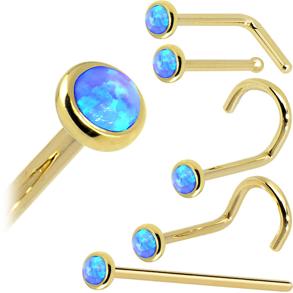 Solid 14K Yellow Gold 2mm Blue Synthetic Opal Nose Ring