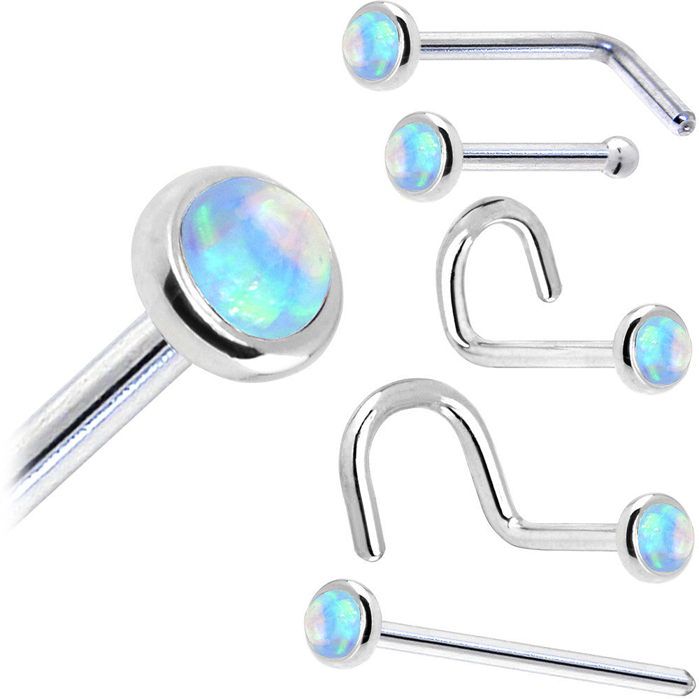 Solid 14K White Gold 2mm Light Blue Synthetic Opal Nose Ring