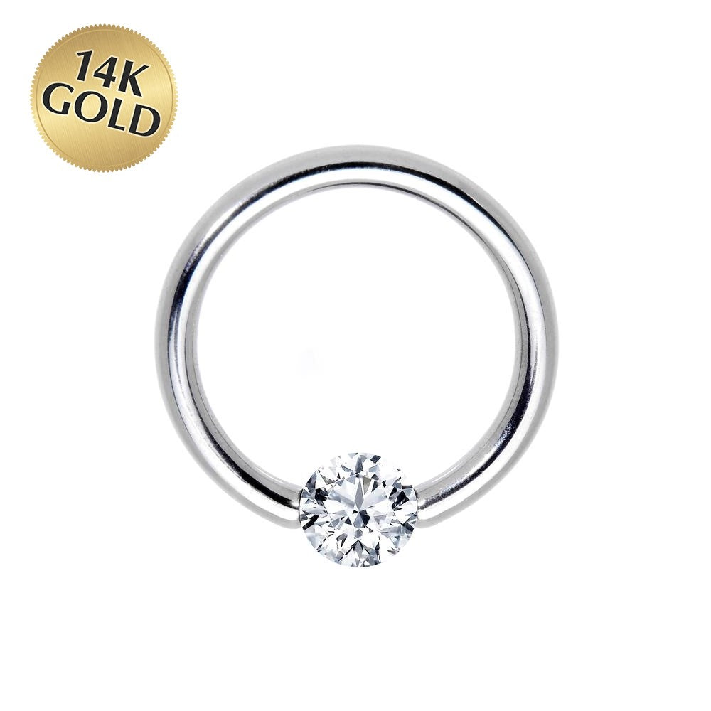 16G 1/2 Solid 14k White Gold 3mm Clear Cubic Zirconia Tension Captive Ring