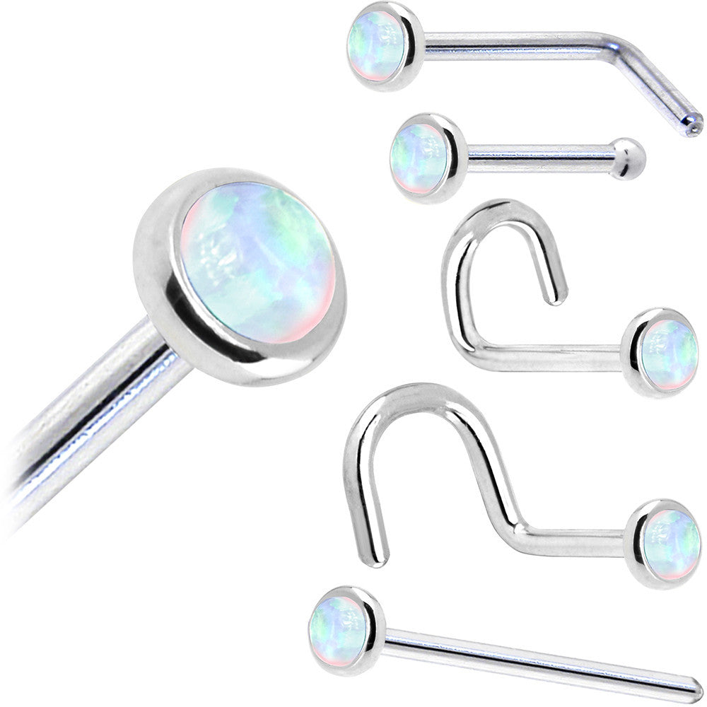 Solid 14K White Gold 2mm Synthetic Opal Nose Ring